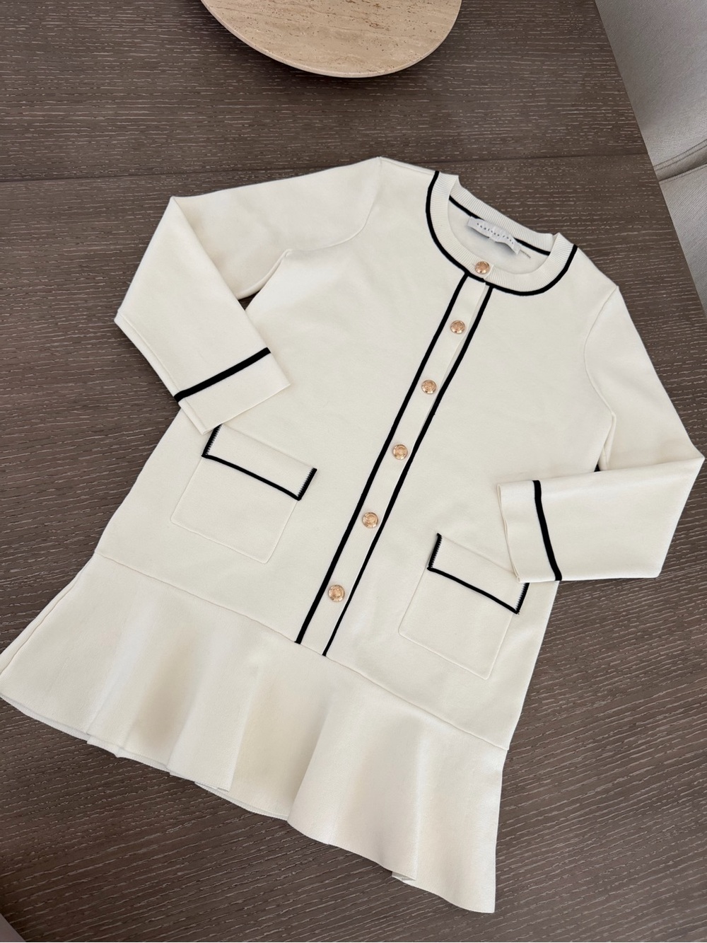 Anthropologie - Endless Rose - white black trim knit sweater ruffle mini dress - Picture 7 of 14
